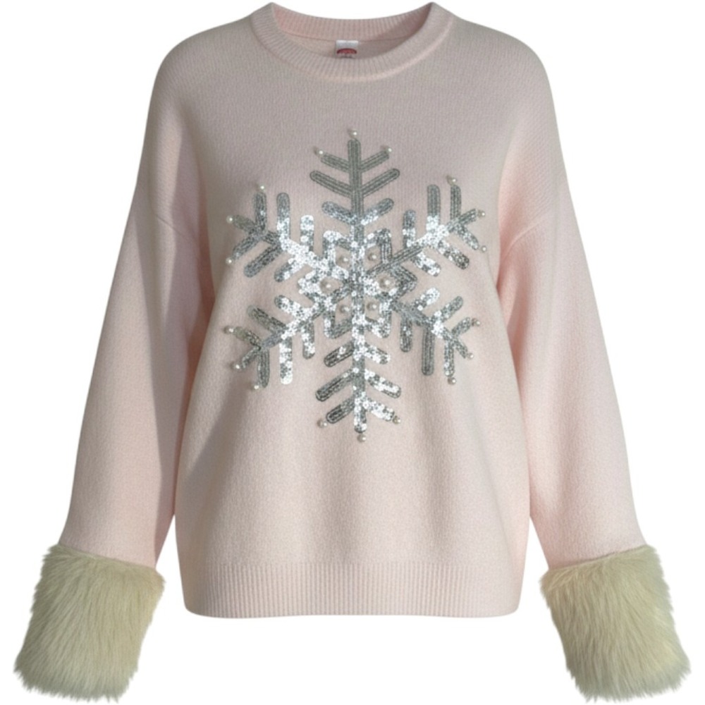 Holiday Time Sweater Womens M Pink Snowflake Faux Fur Cuff Sequin Pearl HTL49473